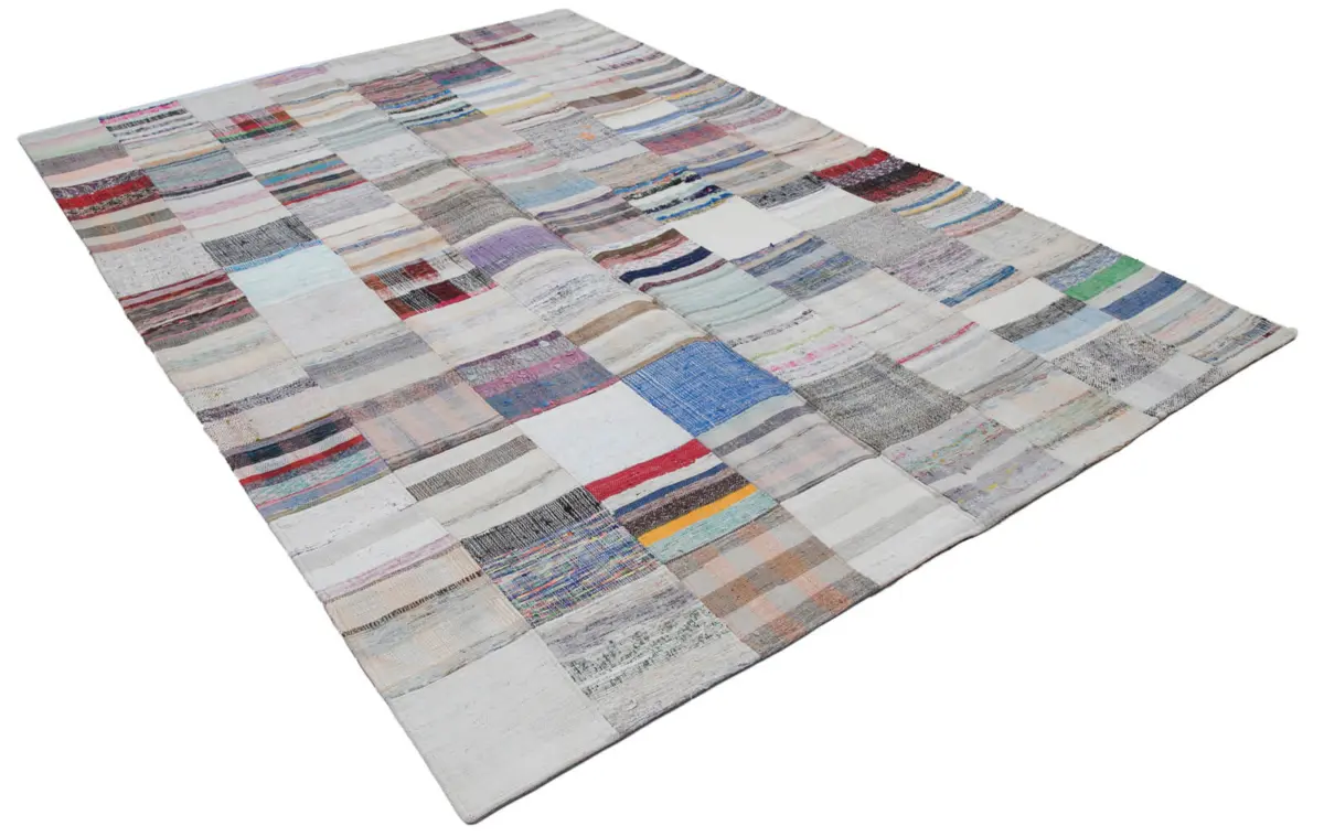 Chaput Patchwork Beyaz Renk Pamuk Üzerine Yün El Dokuma Kilim-201x301 - Görsel 2