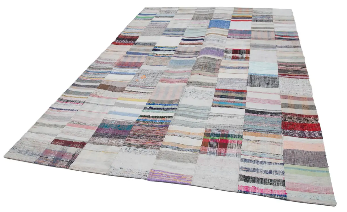 Chaput Patchwork Beyaz Renk Pamuk Üzerine Yün El Dokuma Kilim-201x301 - Görsel 3
