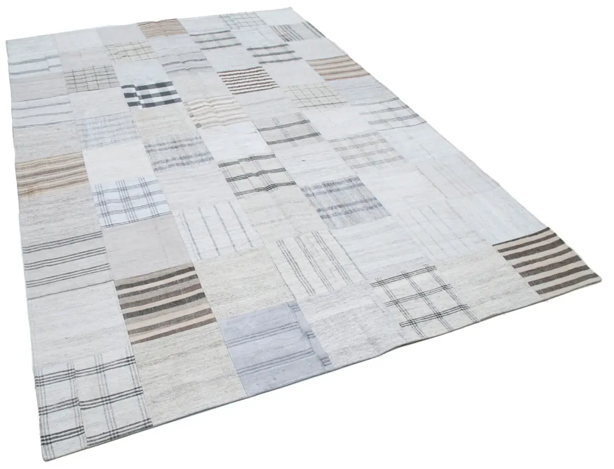 İnce Bez Patchwork Bej Pamuk Üzerine Yün El Dokuma Kilim-203x301 - Görsel 2