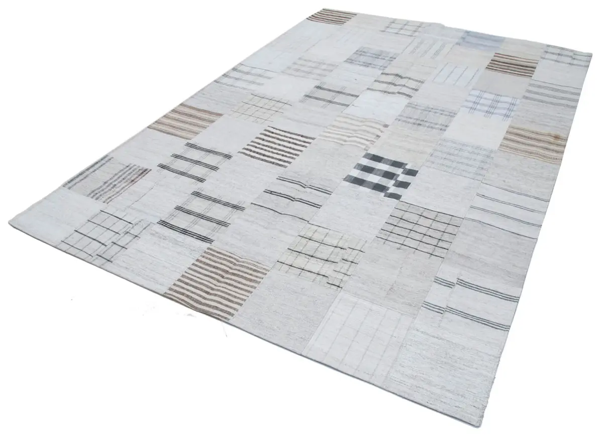 İnce Bez Patchwork Bej Pamuk Üzerine Yün El Dokuma Kilim-203x301 - Görsel 3
