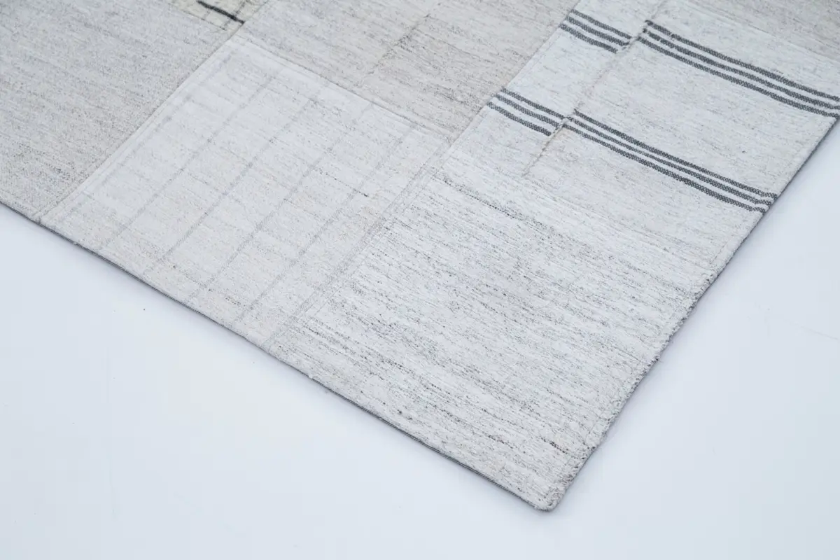 İnce Bez Patchwork Bej Pamuk Üzerine Yün El Dokuma Kilim-203x301 - Görsel 4