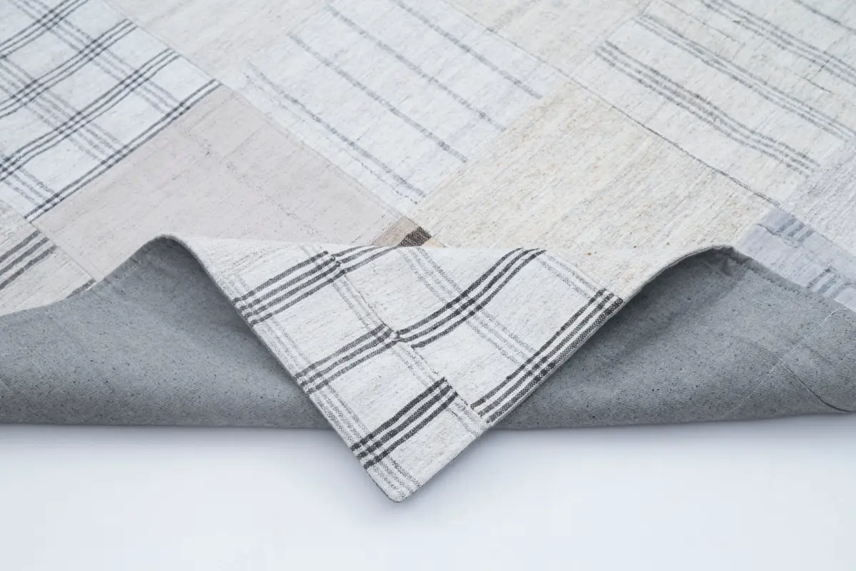 İnce Bez Patchwork Bej Pamuk Üzerine Yün El Dokuma Kilim-203x301 - Görsel 5