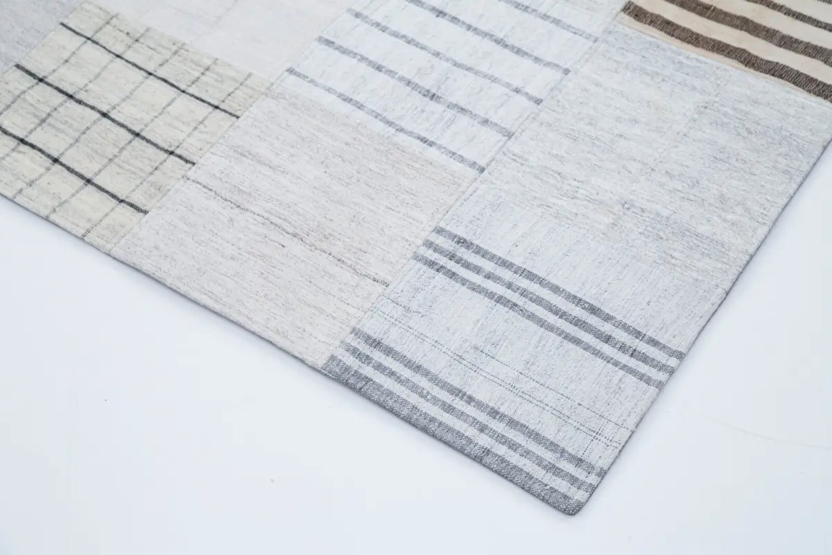 İnce Bez Patchwork Bej Pamuk Üzerine Yün El Dokuma Kilim-204x300 - Görsel 4