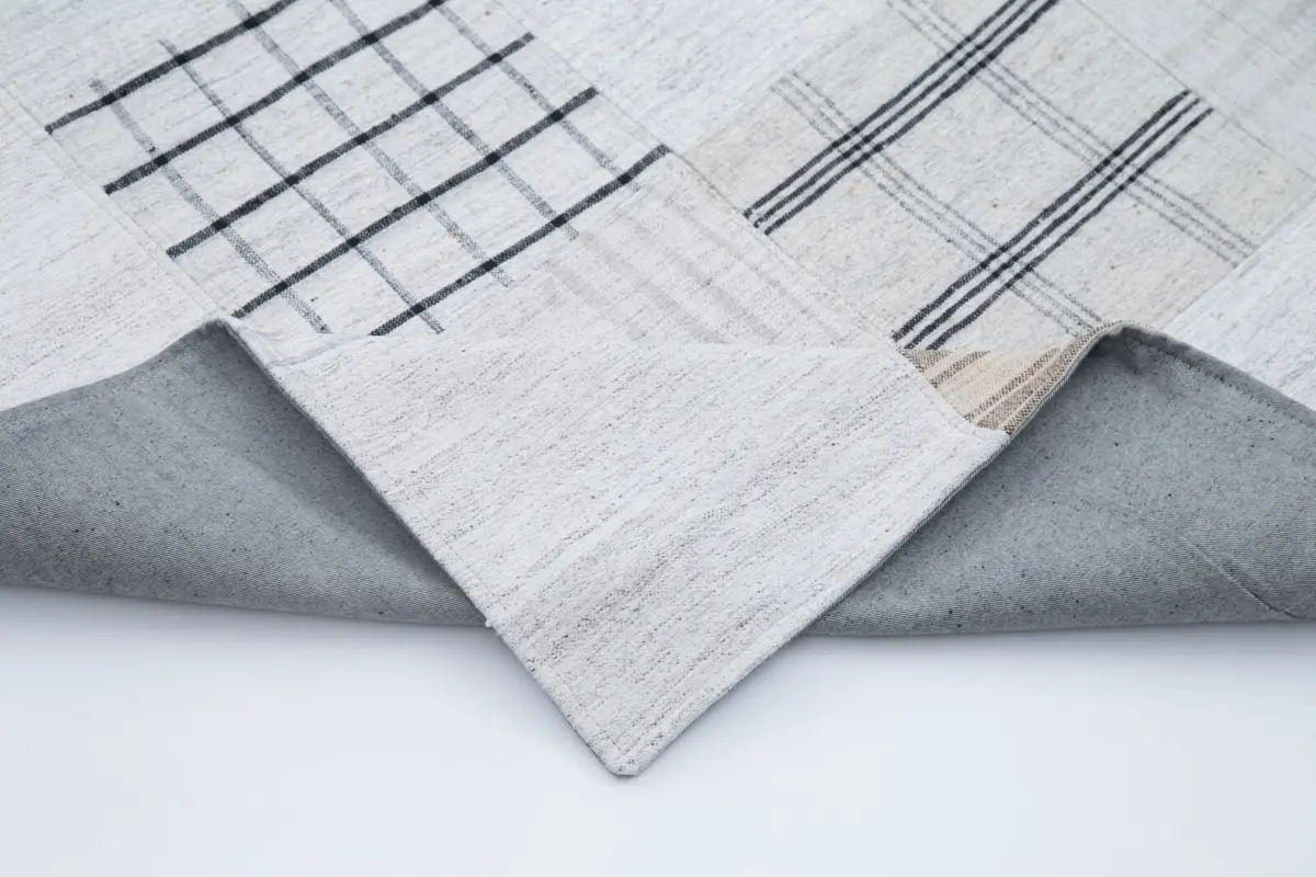 İnce Bez Patchwork Bej Pamuk Üzerine Yün El Dokuma Kilim-204x300 - Görsel 5