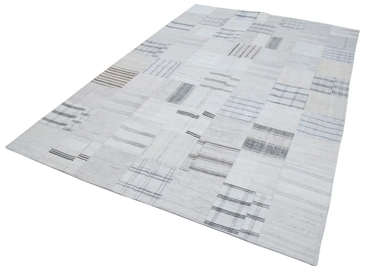 İnce Bez Patchwork Bej Pamuk Üzerine Yün El Dokuma Kilim-202x300 - Görsel 3