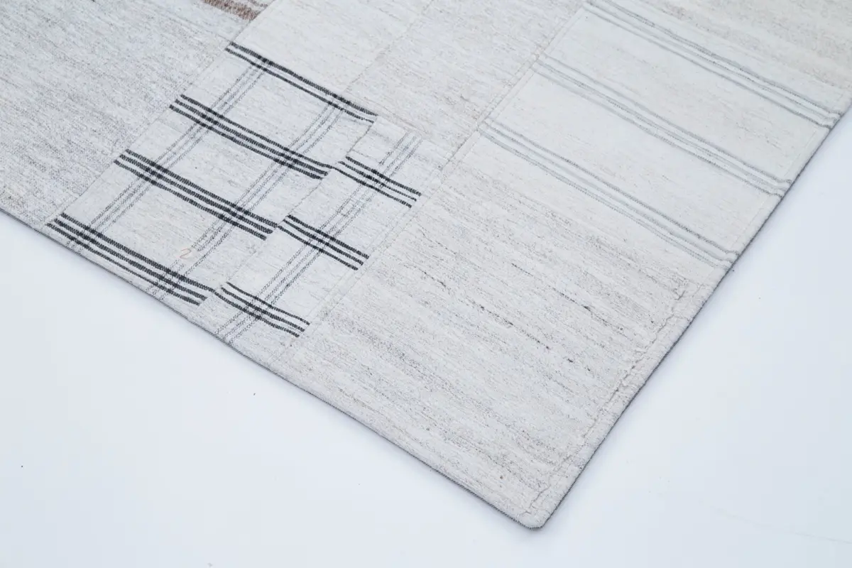 İnce Bez Patchwork Bej Pamuk Üzerine Yün El Dokuma Kilim-202x300 - Görsel 4