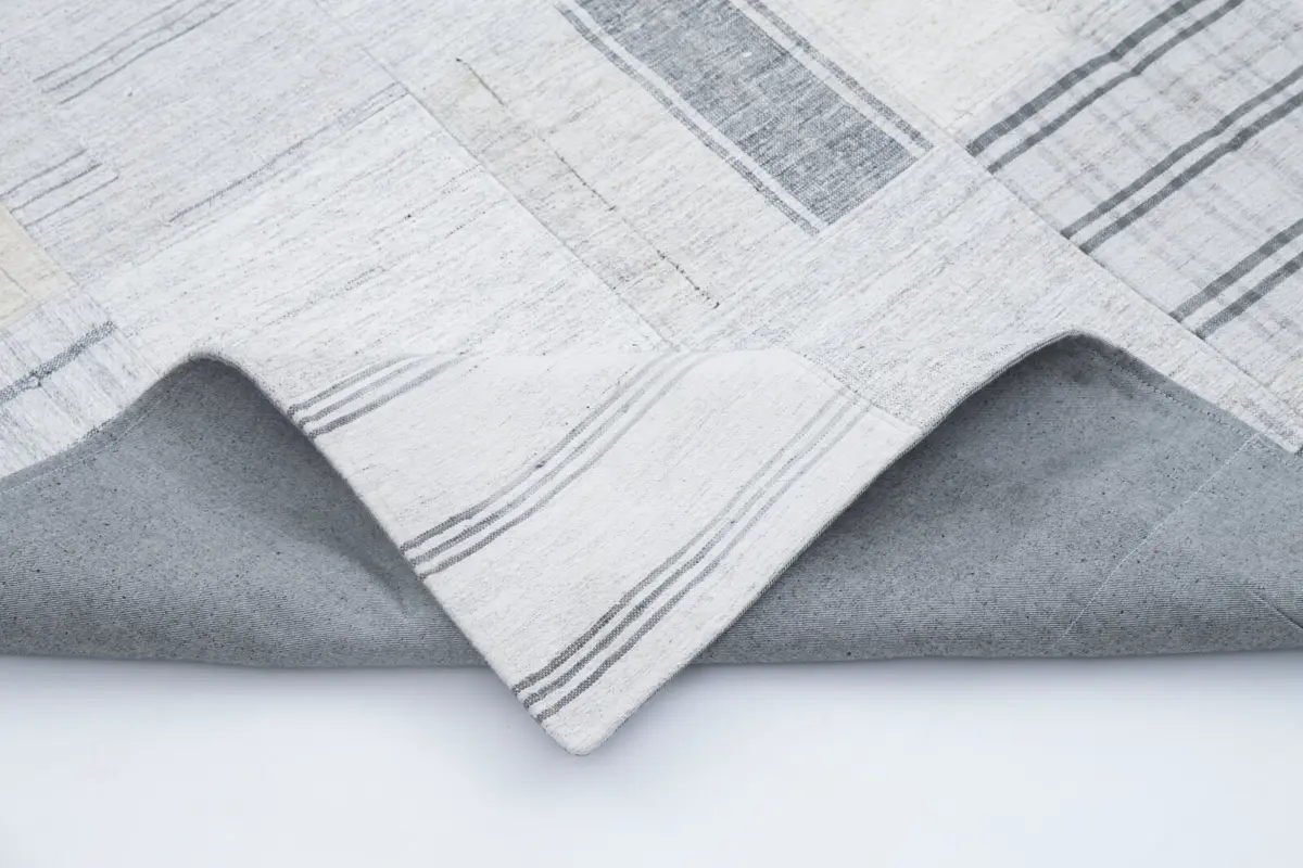 İnce Bez Patchwork Bej Pamuk Üzerine Yün El Dokuma Kilim-202x300 - Görsel 5