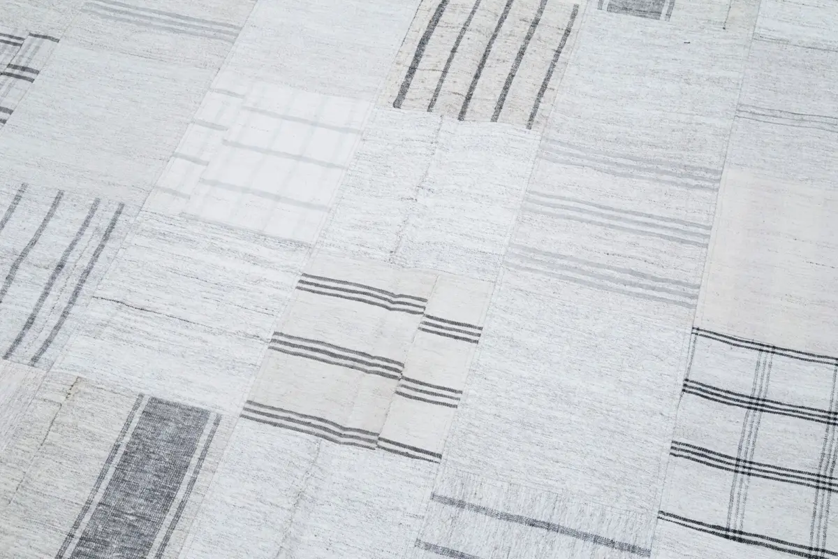 İnce Bez Patchwork Bej Pamuk Üzerine Yün El Dokuma Kilim-202x300 - Görsel 6