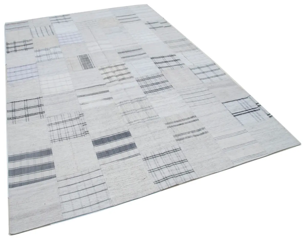 İnce Bez Patchwork Bej Pamuk Üzerine Yün El Dokuma Kilim-203x300 - Görsel 2