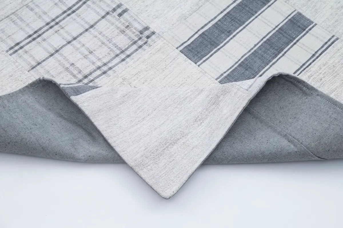 İnce Bez Patchwork Bej Pamuk Üzerine Yün El Dokuma Kilim-203x300 - Görsel 5