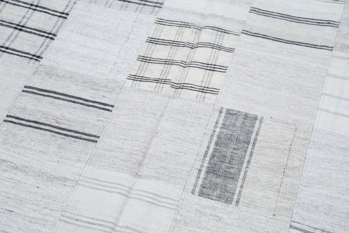 İnce Bez Patchwork Bej Pamuk Üzerine Yün El Dokuma Kilim-203x300 - Görsel 6