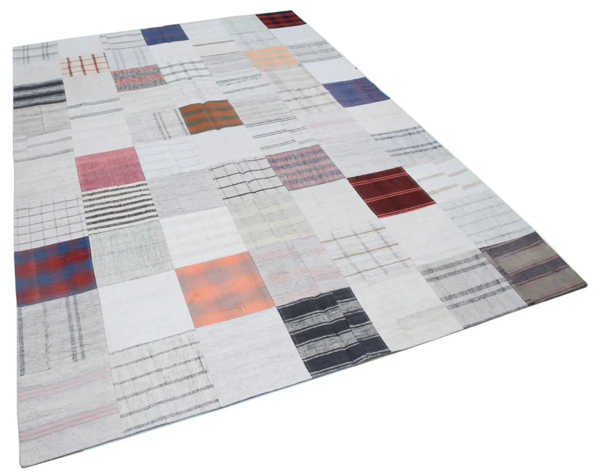 İnce Bez Patchwork Multi Pamuk Üzerine Yün El Dokuma Kilim-201x299 - Görsel 2