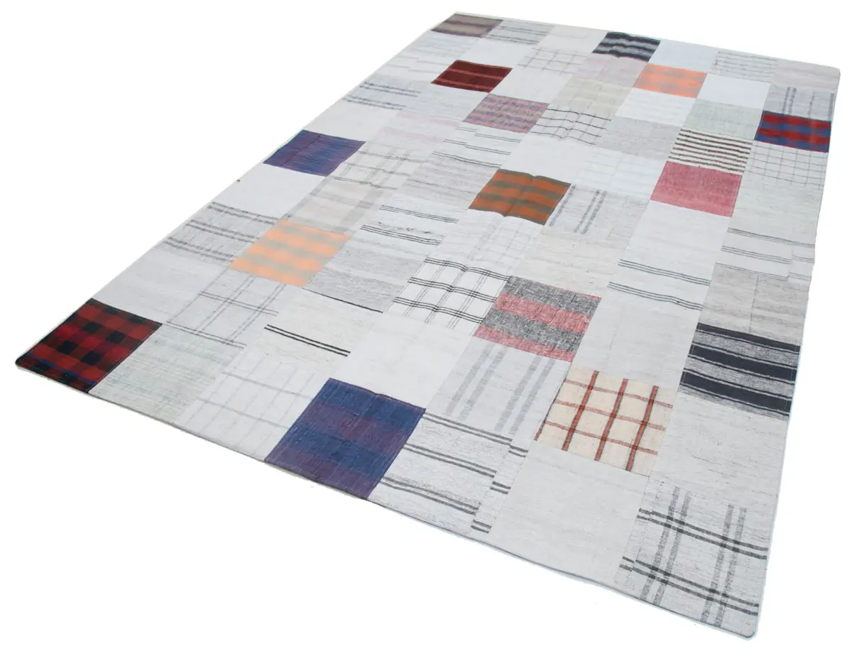 İnce Bez Patchwork Multi Pamuk Üzerine Yün El Dokuma Kilim-201x299 - Görsel 3