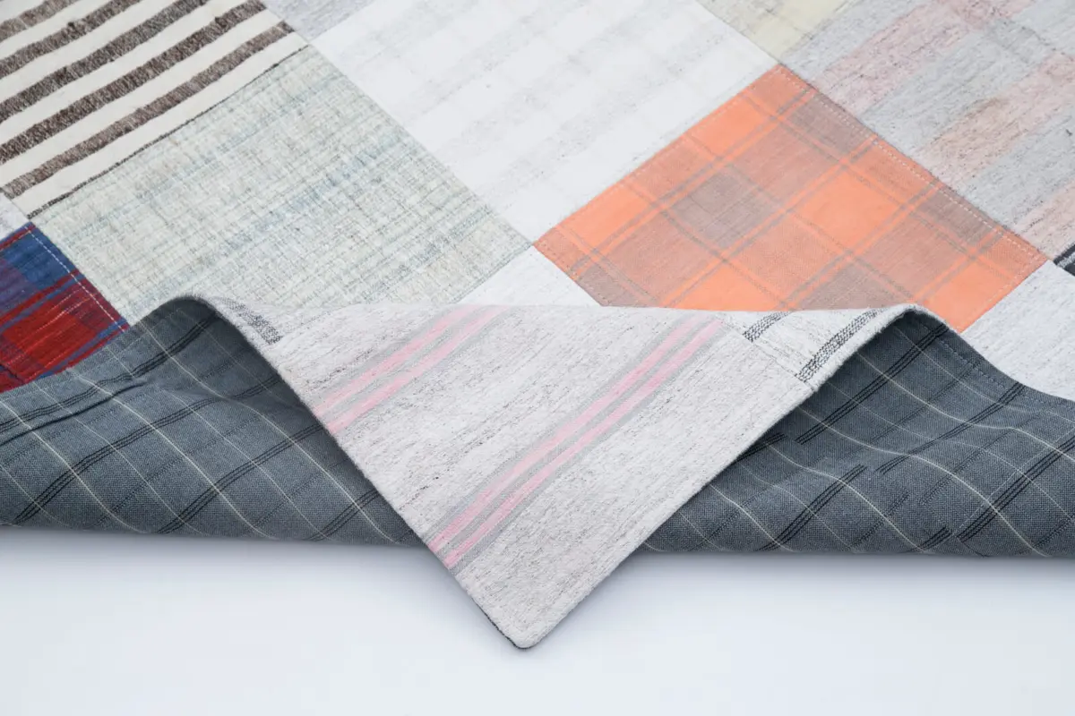 İnce Bez Patchwork Multi Pamuk Üzerine Yün El Dokuma Kilim-201x299 - Görsel 5