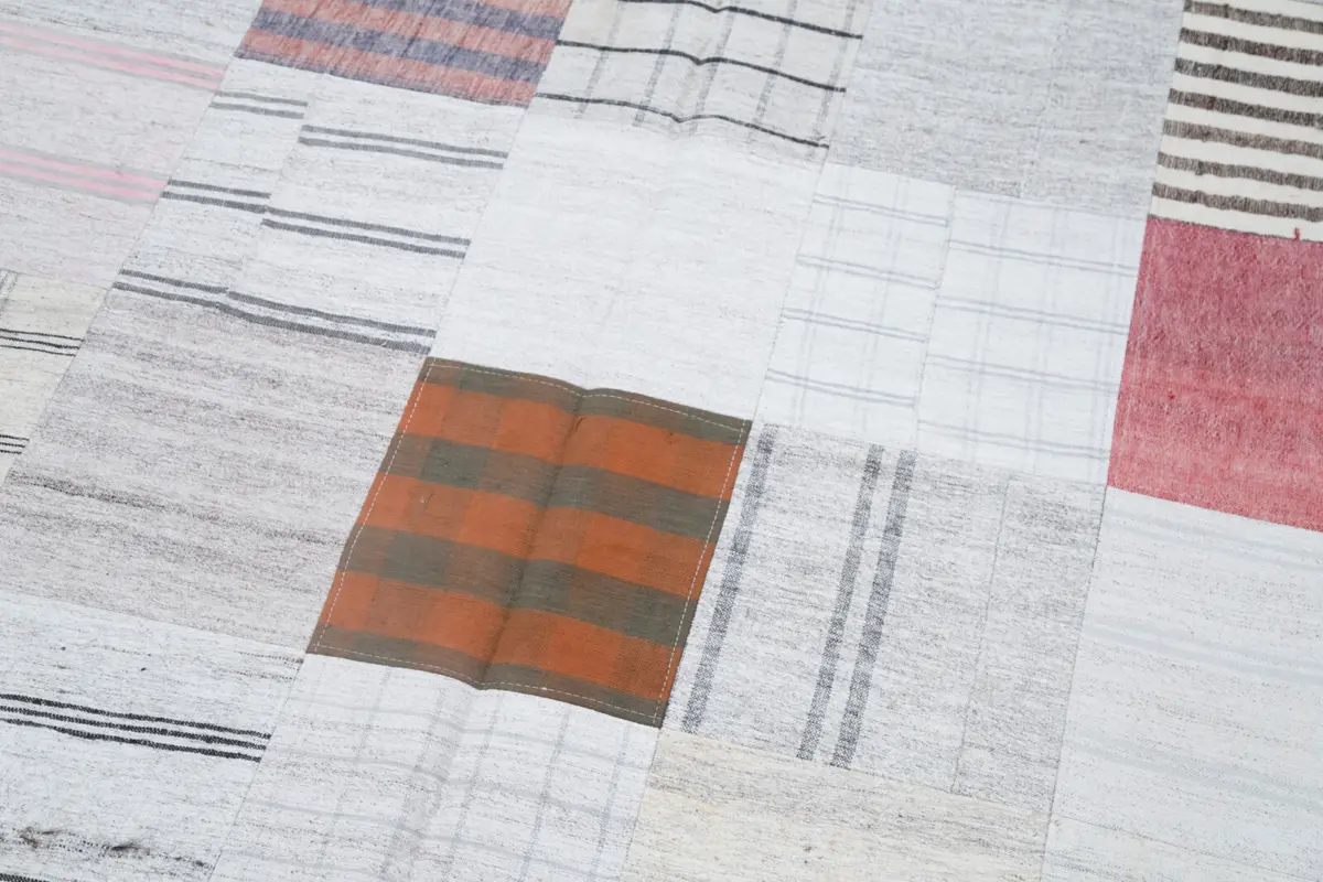 İnce Bez Patchwork Multi Pamuk Üzerine Yün El Dokuma Kilim-201x299 - Görsel 6