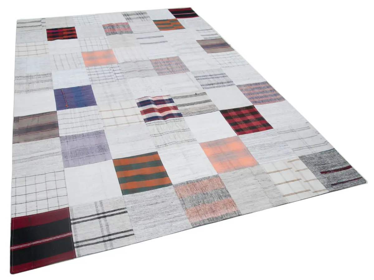 İnce Bez Patchwork Bej Pamuk Üzerine Yün El Dokuma Kilim-202x299 - Görsel 2