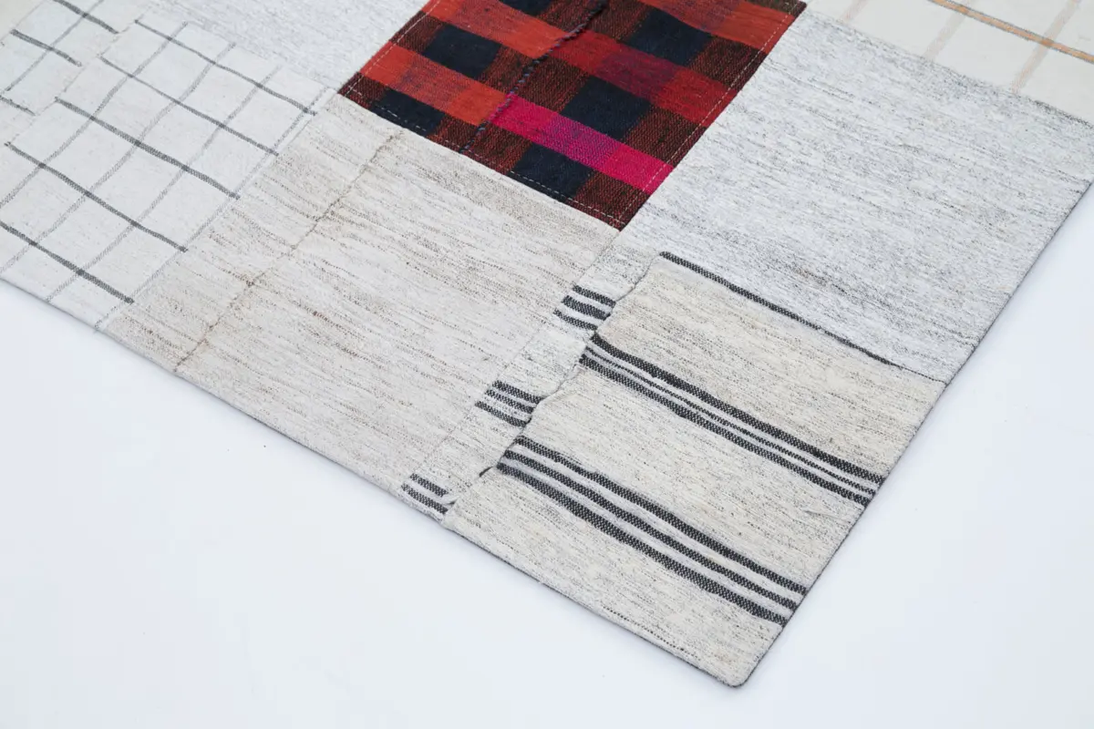 İnce Bez Patchwork Bej Pamuk Üzerine Yün El Dokuma Kilim-202x299 - Görsel 4