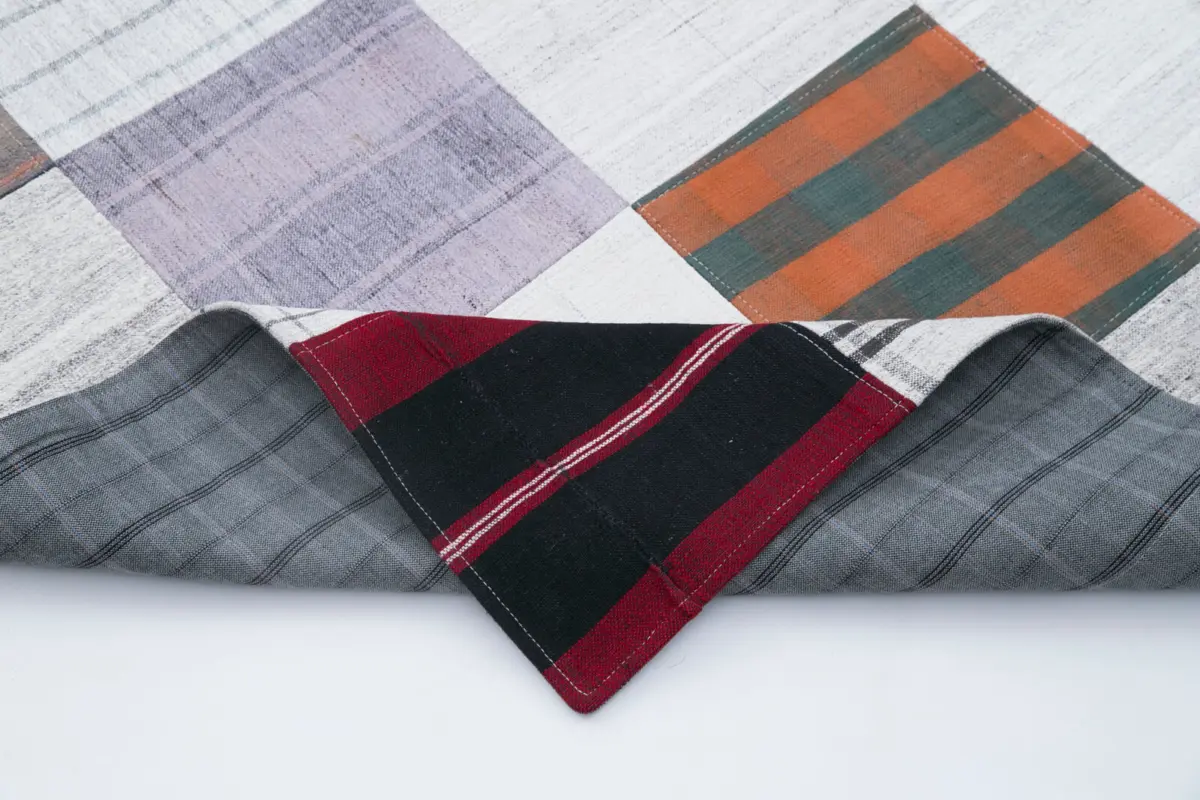 İnce Bez Patchwork Bej Pamuk Üzerine Yün El Dokuma Kilim-202x299 - Görsel 5