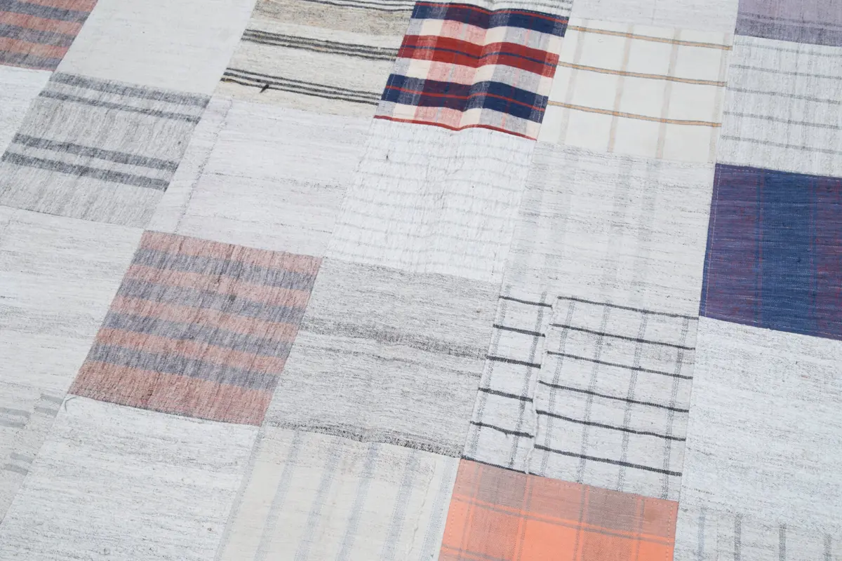 İnce Bez Patchwork Bej Pamuk Üzerine Yün El Dokuma Kilim-202x299 - Görsel 6