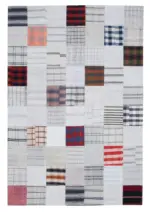 İnce Bez Patchwork Bej Pamuk Üzerine Yün El Dokuma Kilim-202x299
