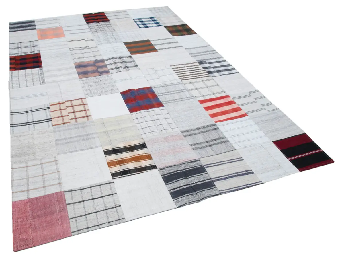 İnce Bez Patchwork Bej Pamuk Üzerine Yün El Dokuma Kilim-202x299 - Görsel 2