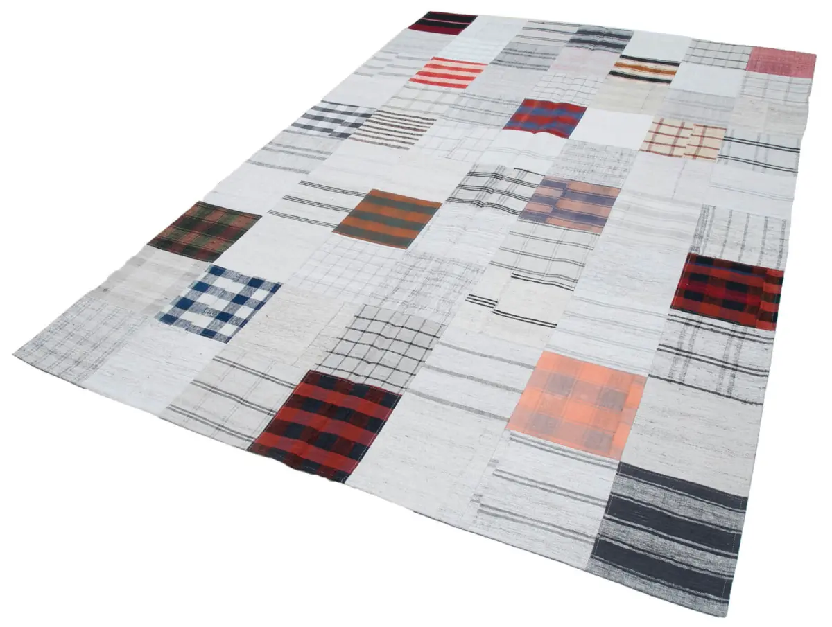 İnce Bez Patchwork Bej Pamuk Üzerine Yün El Dokuma Kilim-202x299 - Görsel 3