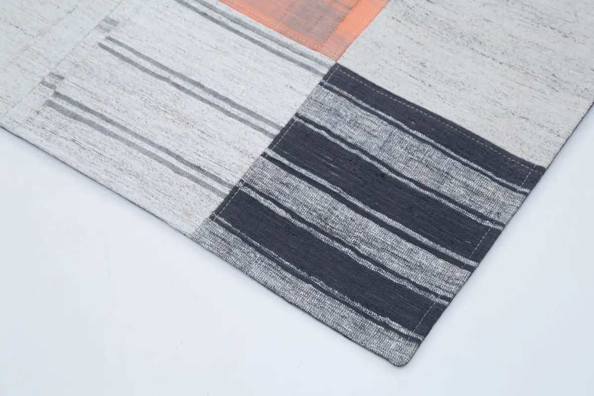 İnce Bez Patchwork Bej Pamuk Üzerine Yün El Dokuma Kilim-202x299 - Görsel 4