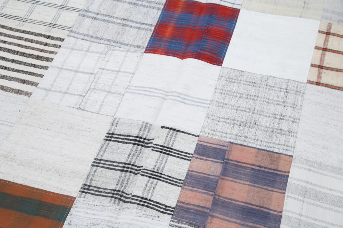İnce Bez Patchwork Bej Pamuk Üzerine Yün El Dokuma Kilim-202x299 - Görsel 6