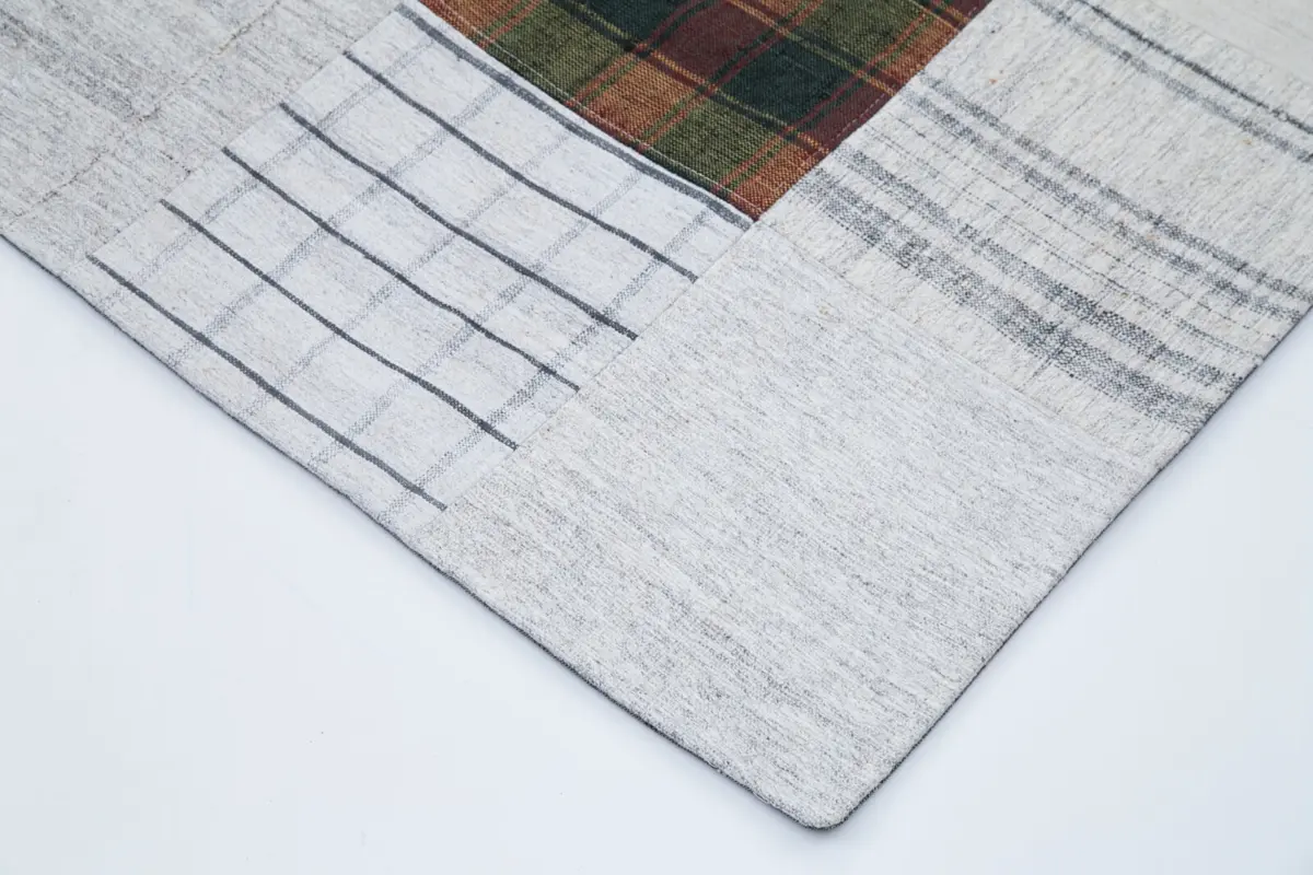 İnce Bez Patchwork Bej Pamuk Üzerine Yün El Dokuma Kilim-202x300 - Görsel 4