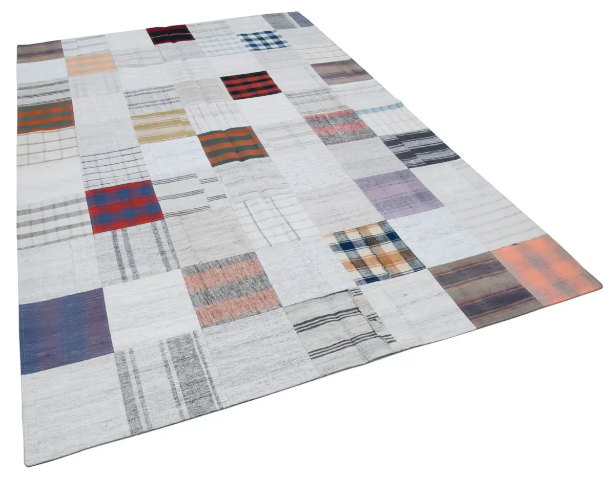 İnce Bez Patchwork Multi Pamuk Üzerine Yün El Dokuma Kilim-200x297 - Görsel 2