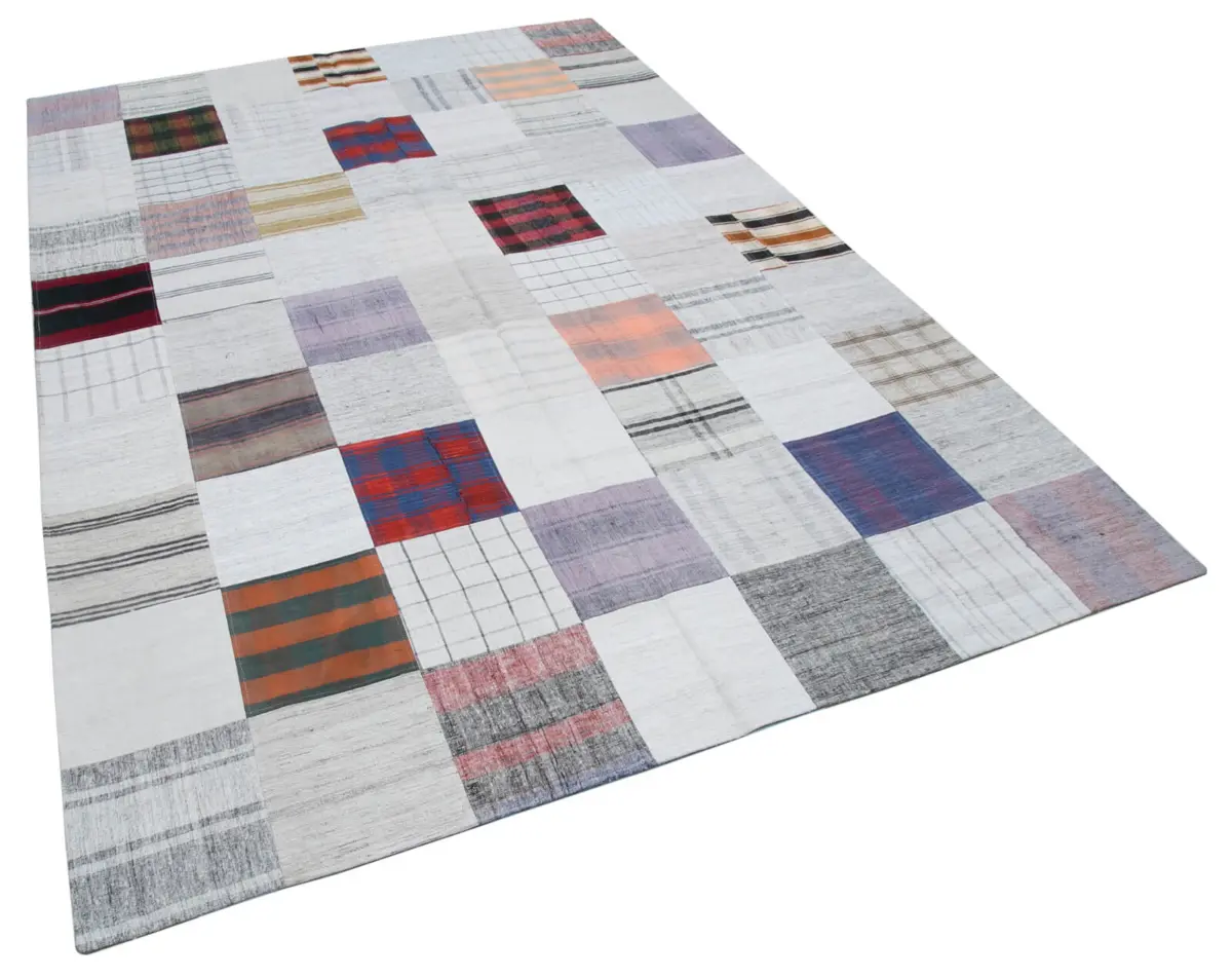 İnce Bez Patchwork Multi Pamuk Üzerine Yün El Dokuma Kilim-202x298 - Görsel 2