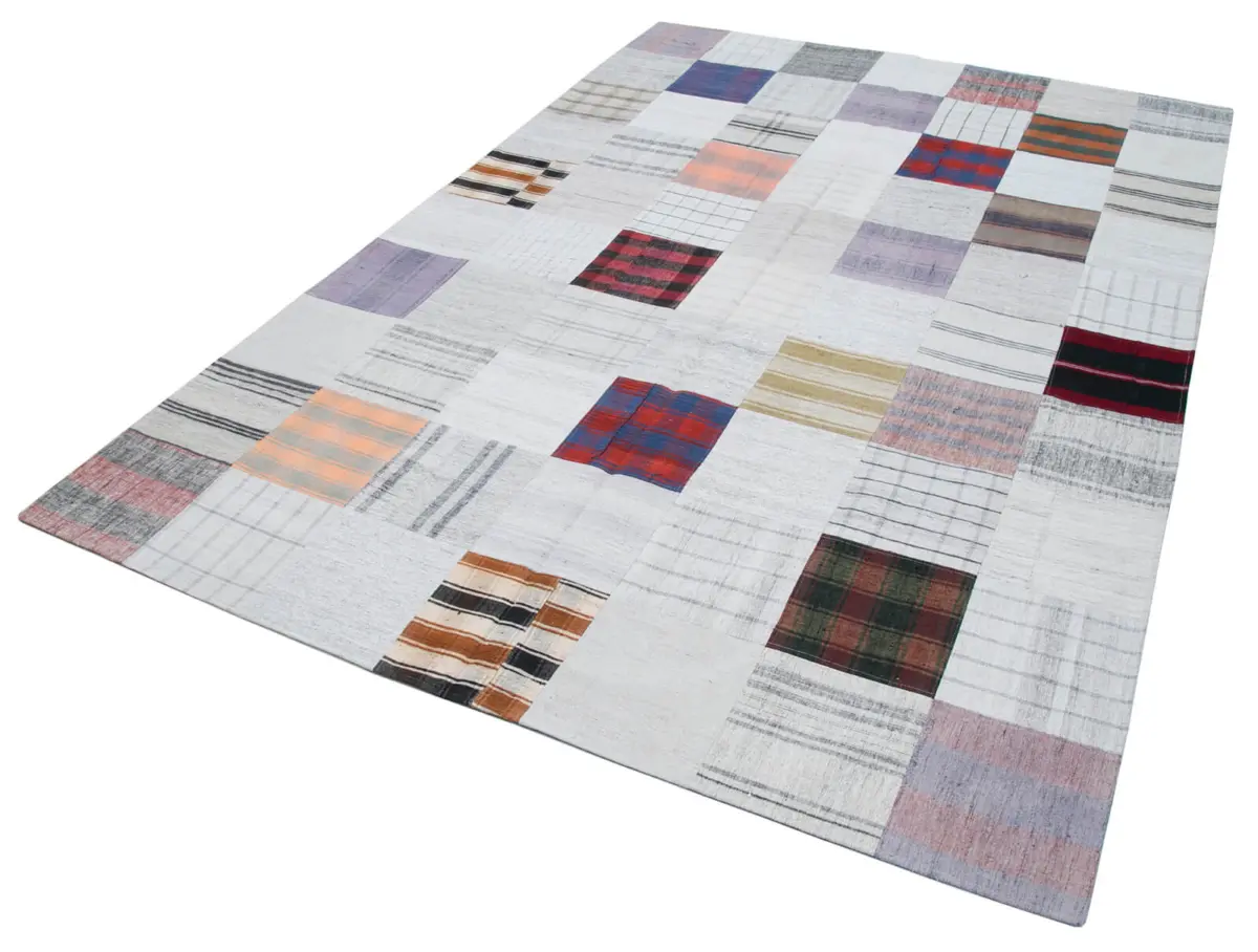 İnce Bez Patchwork Multi Pamuk Üzerine Yün El Dokuma Kilim-202x298 - Görsel 3