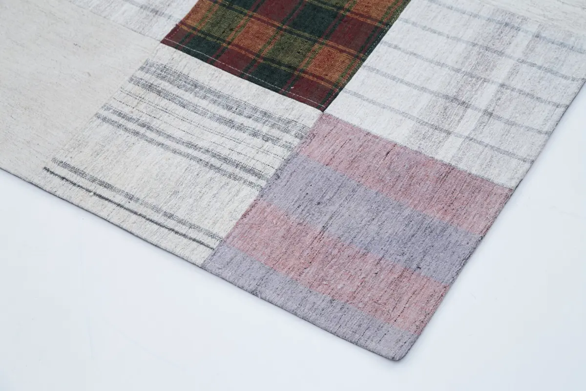 İnce Bez Patchwork Multi Pamuk Üzerine Yün El Dokuma Kilim-202x298 - Görsel 4