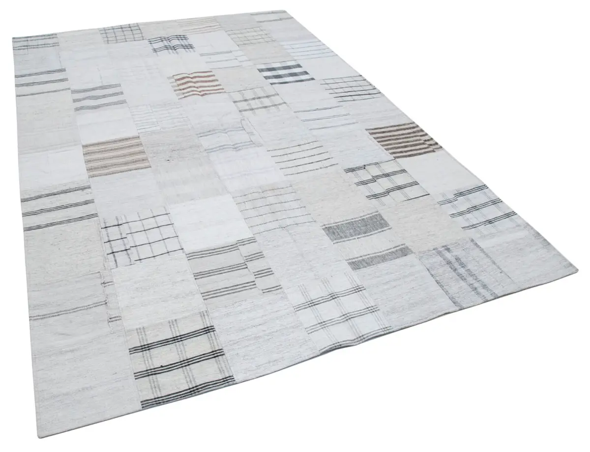 İnce Bez Patchwork Bej Pamuk Üzerine Yün El Dokuma Kilim-203x300 - Görsel 2