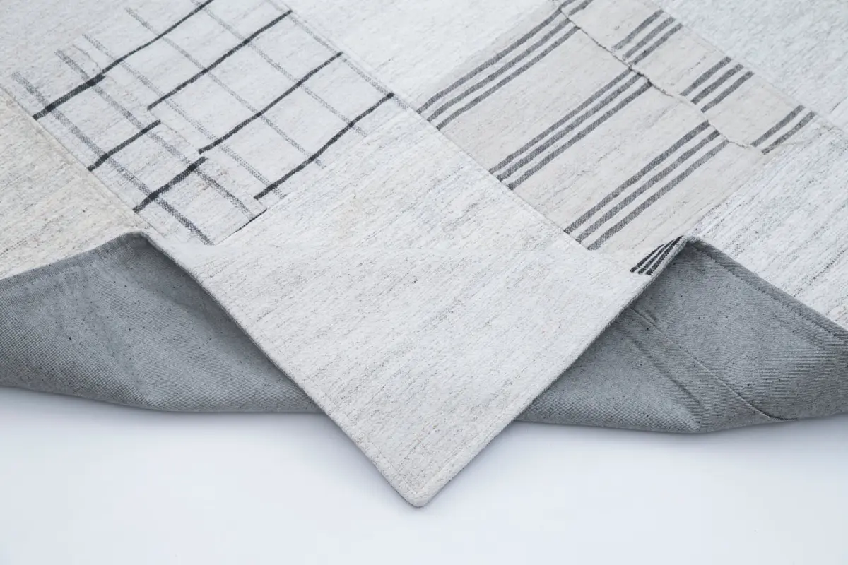 İnce Bez Patchwork Bej Pamuk Üzerine Yün El Dokuma Kilim-203x300 - Görsel 5