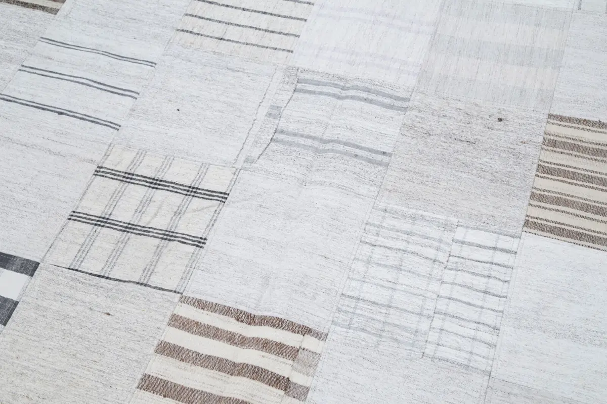 İnce Bez Patchwork Bej Pamuk Üzerine Yün El Dokuma Kilim-203x300 - Görsel 6
