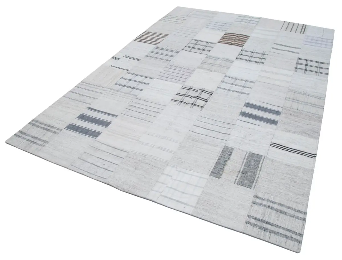 İnce Bez Patchwork Bej Pamuk Üzerine Yün El Dokuma Kilim-203x299 - Görsel 3