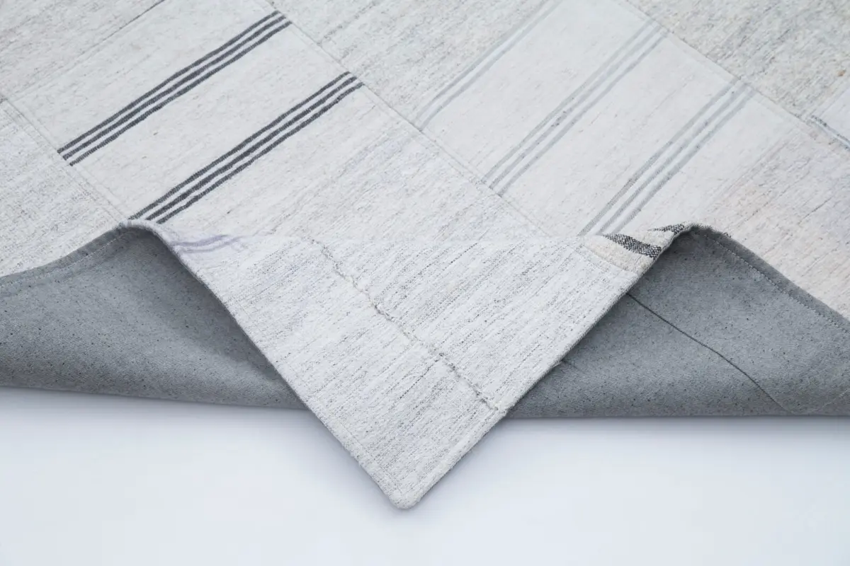 İnce Bez Patchwork Bej Pamuk Üzerine Yün El Dokuma Kilim-203x299 - Görsel 5