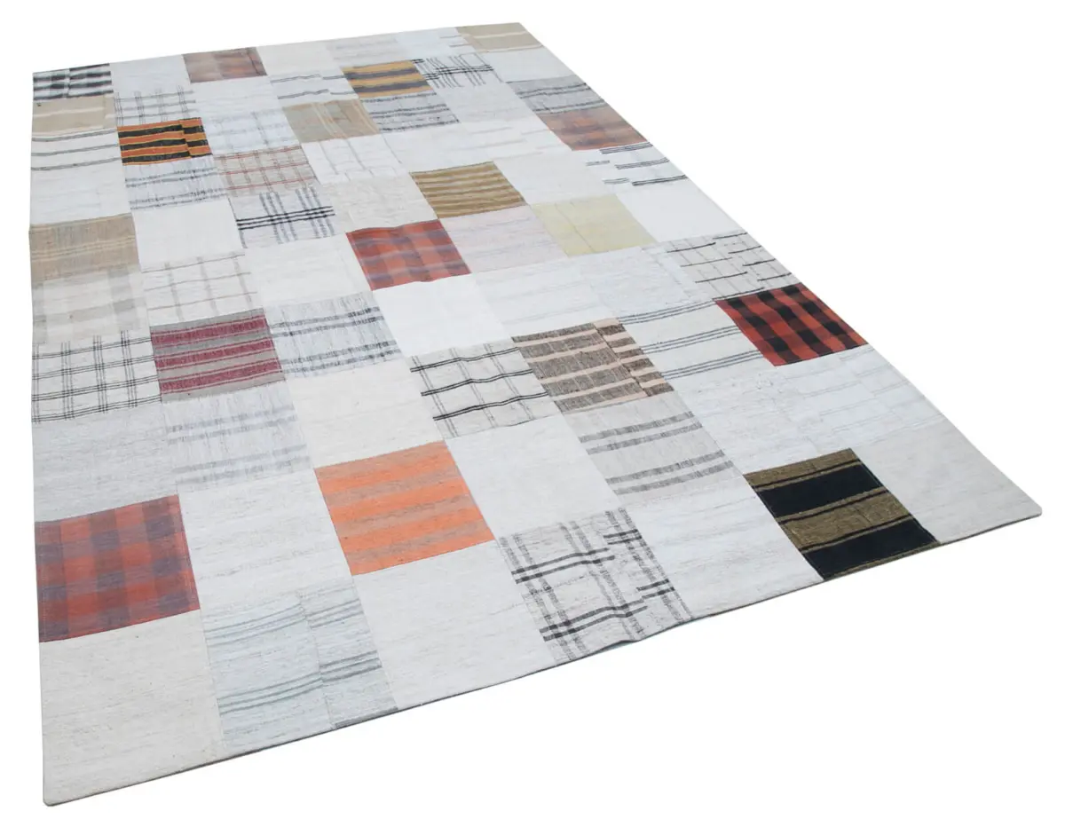 İnce Bez Patchwork Multi Pamuk Üzerine Yün El Dokuma Kilim-202x302 - Görsel 2