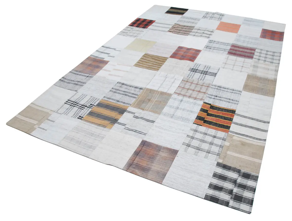 İnce Bez Patchwork Multi Pamuk Üzerine Yün El Dokuma Kilim-202x302 - Görsel 3