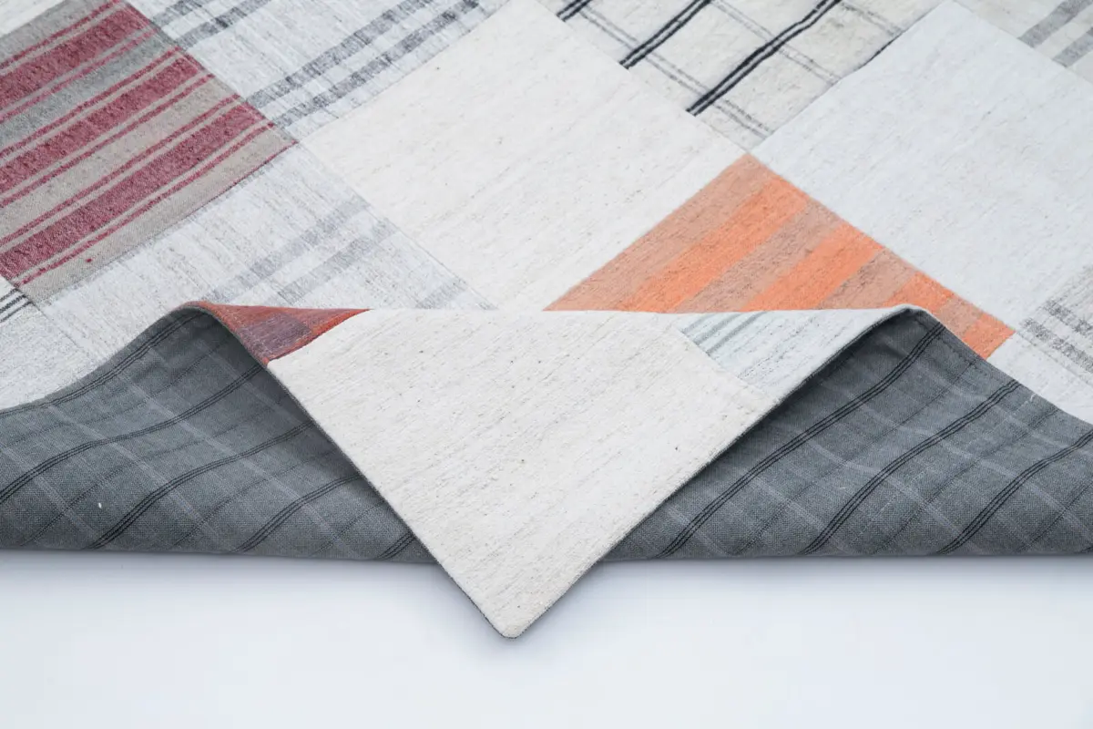 İnce Bez Patchwork Multi Pamuk Üzerine Yün El Dokuma Kilim-202x302 - Görsel 5