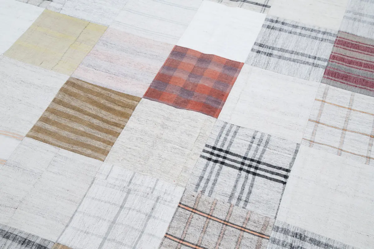 İnce Bez Patchwork Multi Pamuk Üzerine Yün El Dokuma Kilim-202x302 - Görsel 6