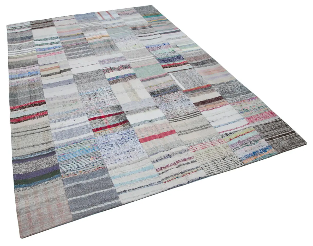 Chaput Patchwork Multi Renk Pamuk Üzerine Yün El Dokuma Kilim-201x298 - Görsel 2