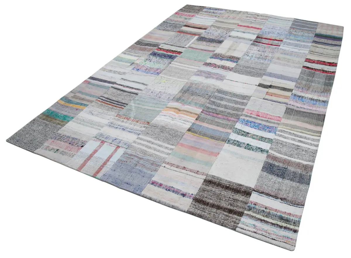Chaput Patchwork Multi Renk Pamuk Üzerine Yün El Dokuma Kilim-201x298 - Görsel 3