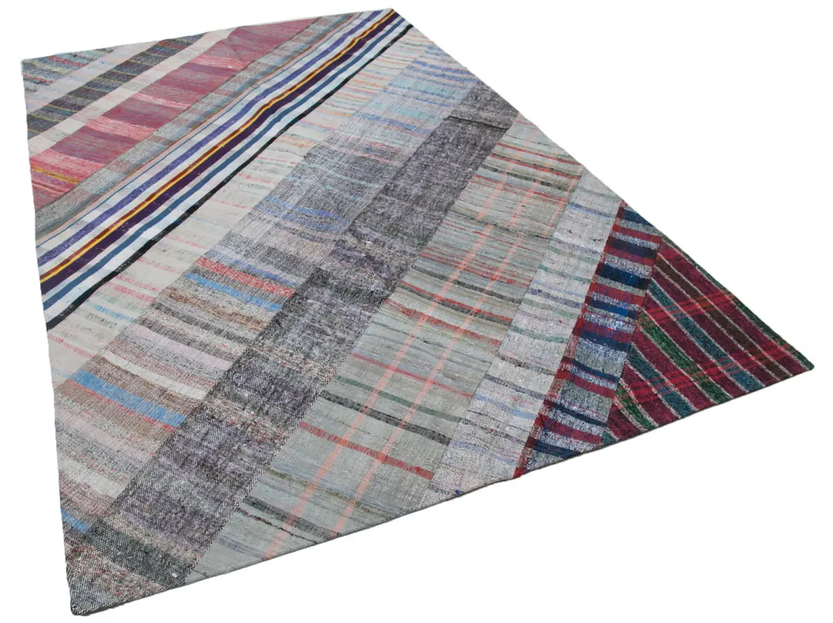 Chaput Patchwork Multi Renk Pamuk Üzerine Yün El Dokuma Kilim-203x303 - Görsel 2
