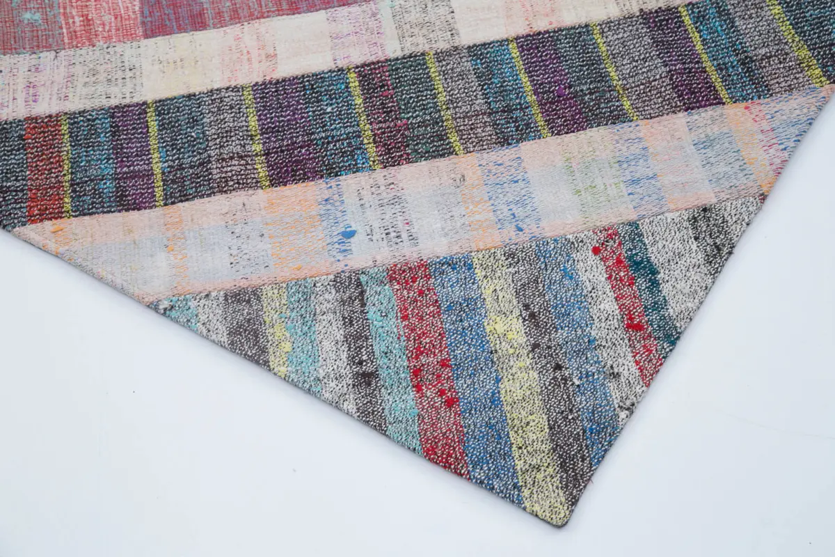 Chaput Patchwork Multi Renk Pamuk Üzerine Yün El Dokuma Kilim-203x303 - Görsel 4