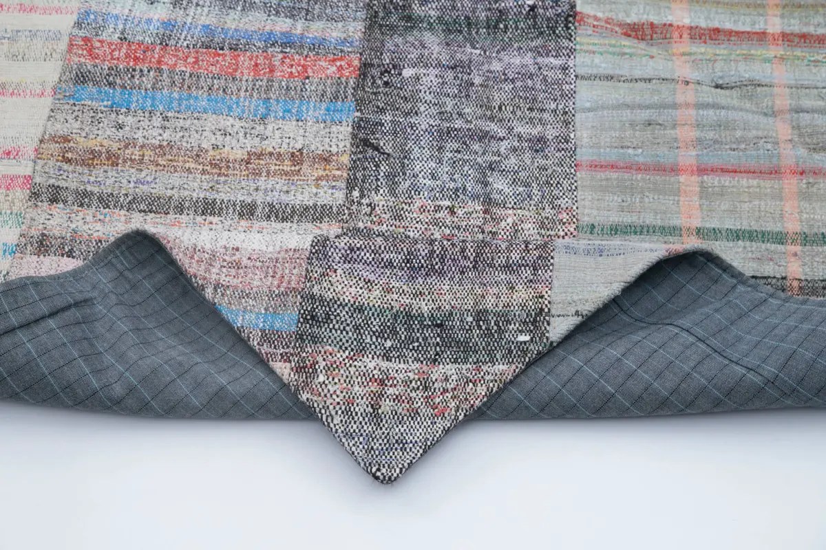 Chaput Patchwork Multi Renk Pamuk Üzerine Yün El Dokuma Kilim-203x303 - Görsel 5