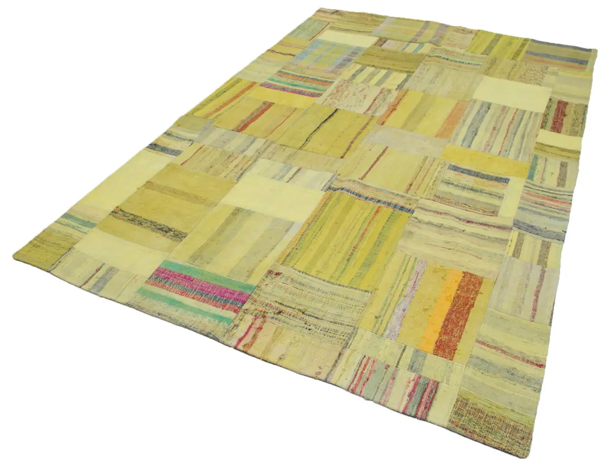 Chaput Patchwork Sarı Renk Pamuk Üzerine Yün El Dokuma Kilim-204x298 - Görsel 3