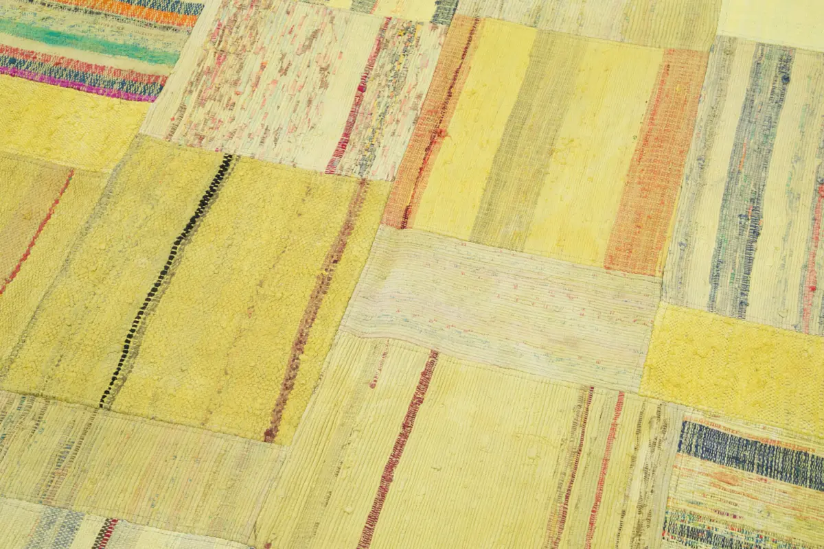 Chaput Patchwork Sarı Renk Pamuk Üzerine Yün El Dokuma Kilim-204x298 - Görsel 6