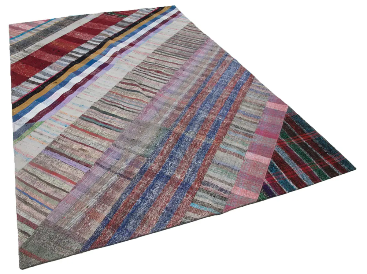 Chaput Patchwork Multi Renk Pamuk Üzerine Yün El Dokuma Kilim-203x305 - Görsel 2